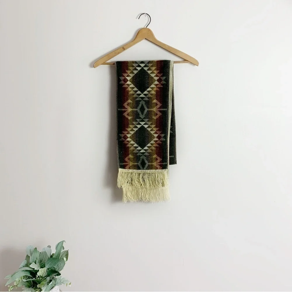 Green, Dark Red & Cream Aztec Western Print Fringe Scarf